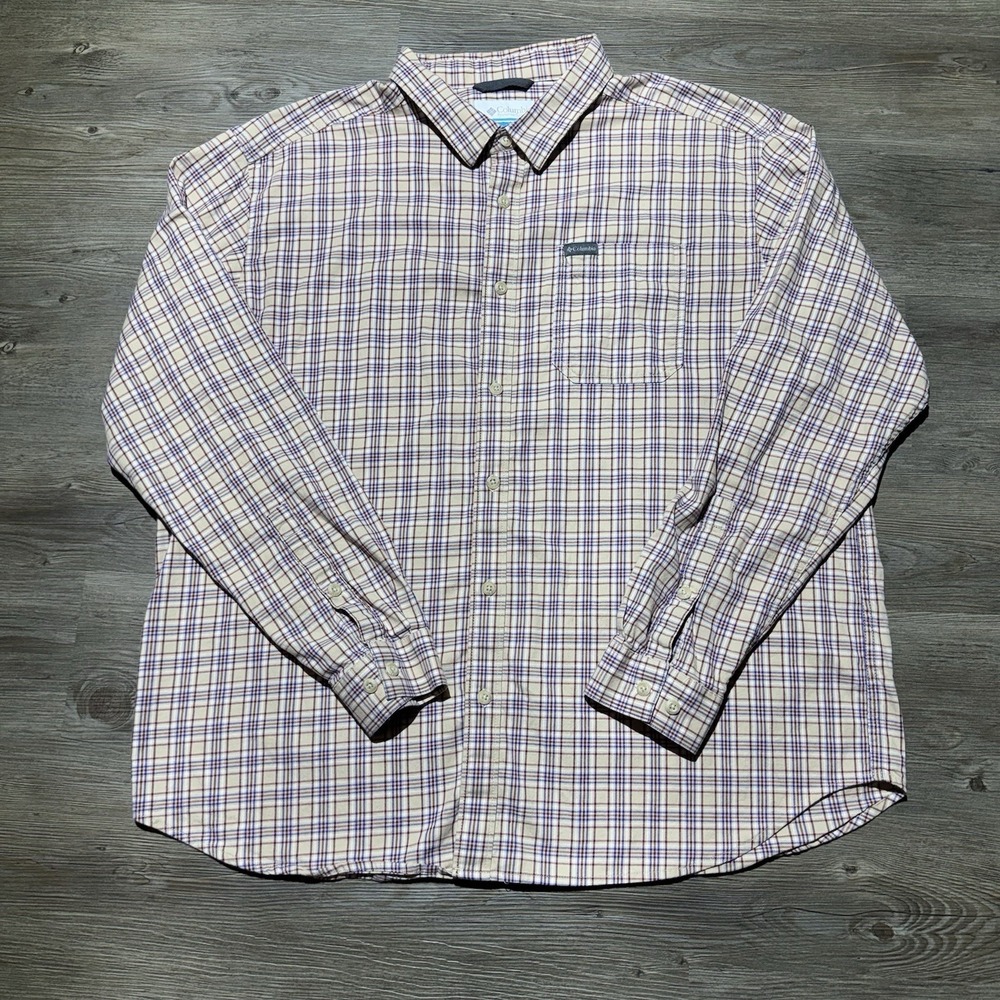 Columbia Mens XXL Plaid Button Up Shirt Beige plaid Long Sleeve Stretch Cotton
